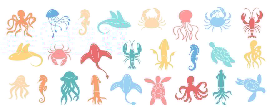 Cartoon aquatic animals set in colorful designs. Featuring marine life with octopus, jellyfish, seahorse, turtle, crab, shrimp, and sea flora. Undersea icons isolated. vector