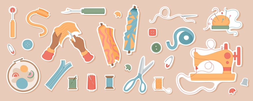 Colorful sewing and needlework tools sticker collection. Include needle, thread and sewing machine, also yarn, scissors and tailor hands. Ideal for tailor sewing projects, embroidery crafts and design vector