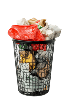 Black Wire Trash Can Overflowing with Crumpled Paper and Plastic Waste png