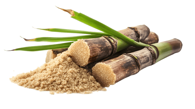 Brown Sugarcane Stalks and Granulated Sugar on Transparent Background png