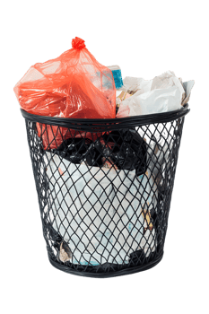 Full Shot of a Black Wire Trash Can Overflowing with Crumpled Paper and a Red Plastic Bag png