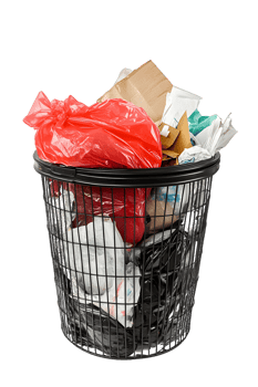 Overfilled Black Wire Trash Can with Crumpled Paper and Plastic Bags png