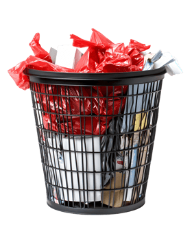 Overfilled Black Wire Trash Can with Crumpled Red and White Paper png