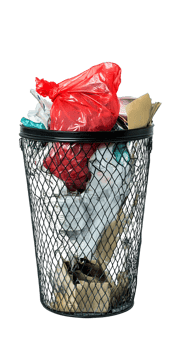 Overfilled Black Wire Trash Can with Red and White Plastic and Paper png
