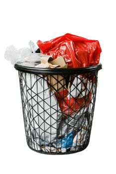 Overflowing Black Metal Trash Can with Plastic Bags and Cardboard Waste png