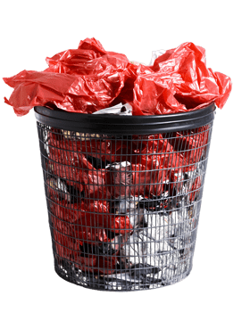 Overflowing Black Wire Trash Can with Crumpled Red Plastic Wrap png