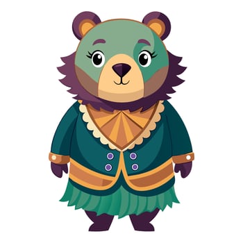 Adorable Cartoon Bear in a Vintage Green Dress with Elegant Frilly Details vector