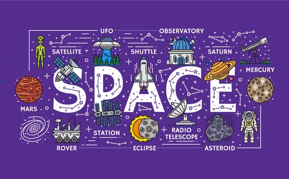 Line galaxy space icons, banner with cosmic items vector