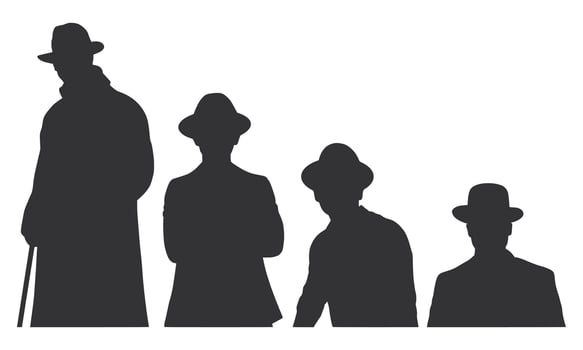 Man with Hat Holding Stick Silhouette. Group of Black Men with Hats. Man Standing Holding Stick. vector