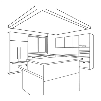 kitchen island interior, home design outline drawing vector