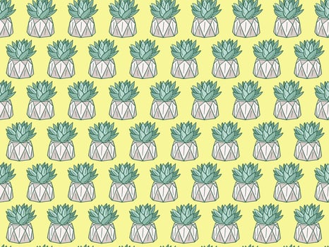 seamless pattern showcasing geometric planters filled with green succulents on a vibrant yellow background. Ideal for wallpapers, stationery, fabric, and digital prints vector
