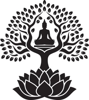 a black and white logo of a buddha sitting under a tree vector