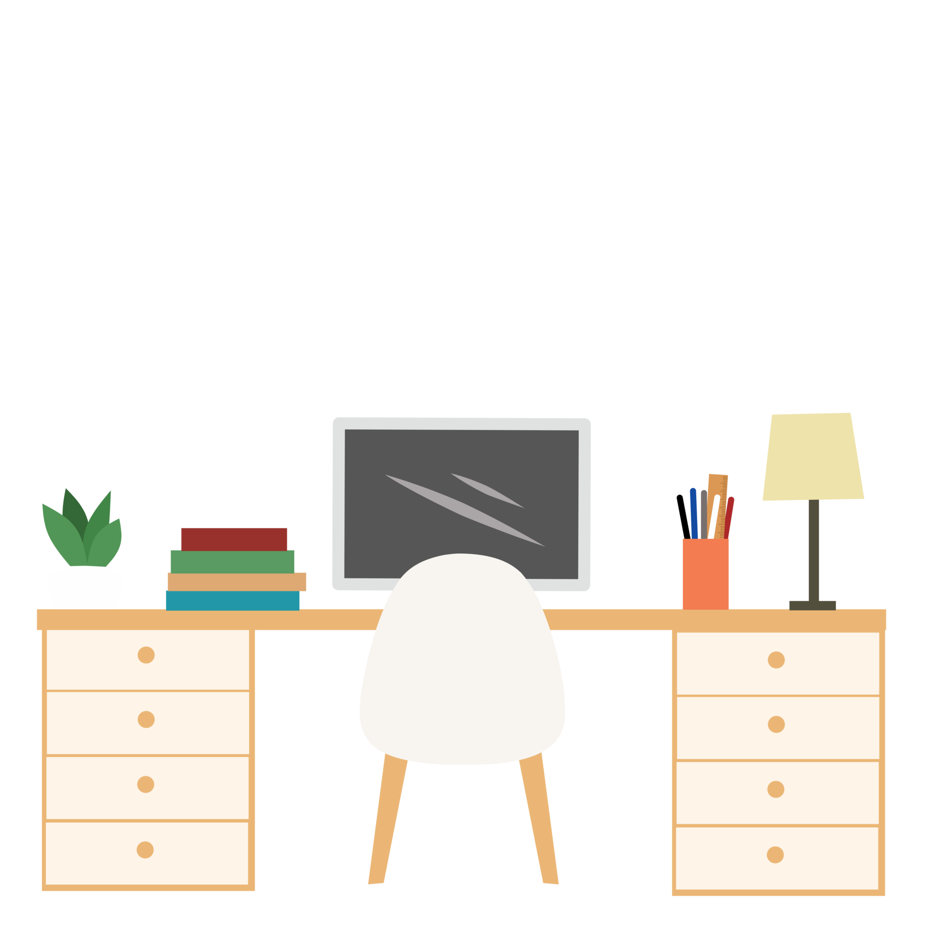 Work place interior. Chair, table, book, computer and lamp illustration png