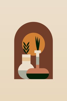 Flat design geometric boho leaf and grass jar wall art background illustration vector
