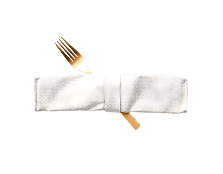 White napkin with golden fork and knife isolated on transparent background png