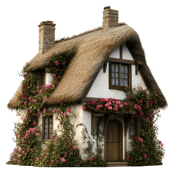 a thatched cottage with roses on the roof transparent background png