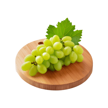 Fresh grapes fruit with leaf in a wooden chopping board on transparent background png