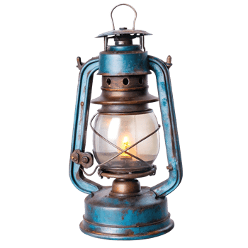 Vintage Blue and Brown Oil Lantern with Glowing Flame Antique Metal Light Decor png