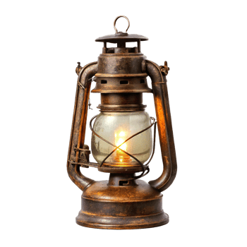Antique Vintage Rustic Metal Kerosene Oil Lantern Lamp with Glass Globe and Glowing Flame png