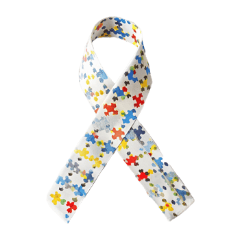 White Ribbon with Colorful Puzzle Pieces Representing Autism Awareness png