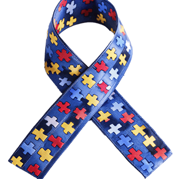 A Blue Ribbon with Multicolored Puzzle Pieces Representing Autism Awareness png