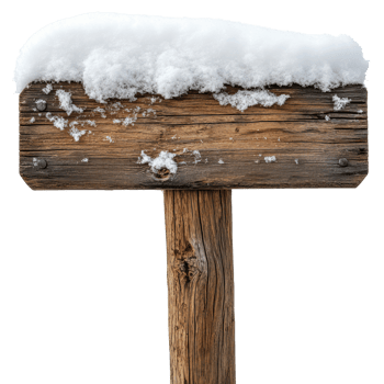 Snow covered Wooden Sign Stands Tall in Winter Landscape, on the transparent Background. Format png