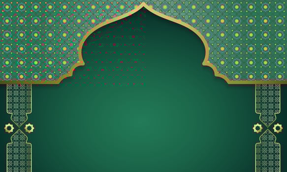 green background with arabic pattern and gold ornament vector