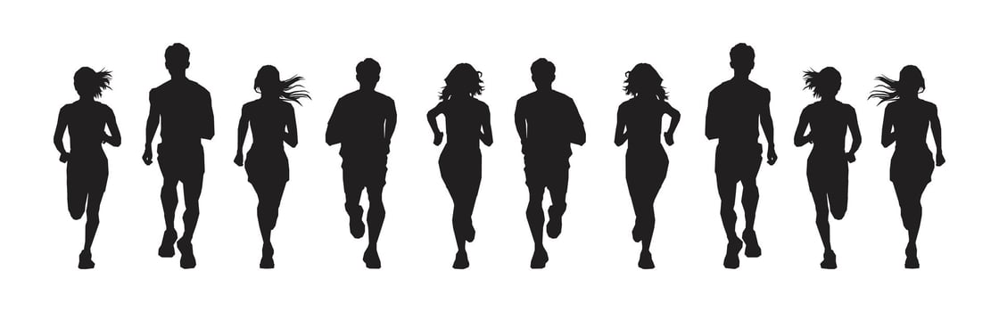 Silhouette sport runner front view collection illustration. Silhouette people running isolated on white background. vector