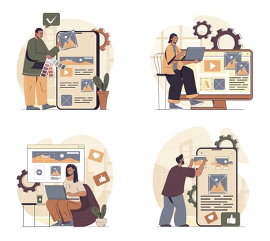 Content manager concept scenes set in flat web design. People in situations of creating photos, images, videos and text contents for webpage filling, planning online posting. illustrations. vector