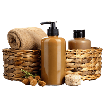 Luxury Spa Products in Wicker Baskets with Rolled Towel and Soap png