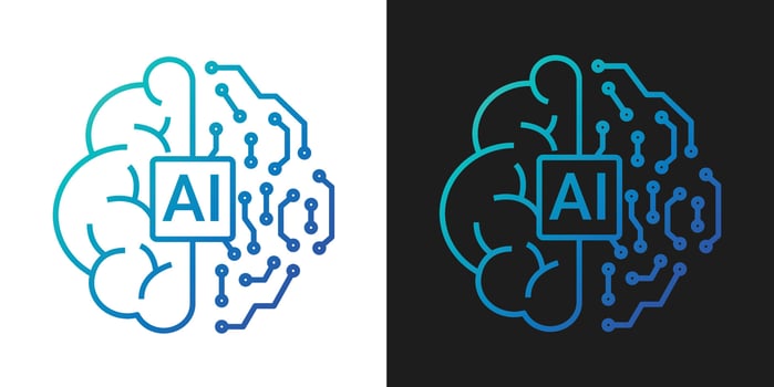 AI Chip in Human Brain. AI Technology Artificial Intelligence Icon with Machine Learning, . Stroke illustration vector