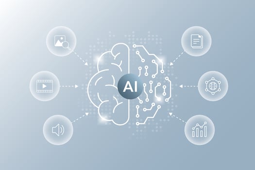 Multimodal AI. multimodal learning icons with digital ai brain. ai brain concept. Stroke illustration vector