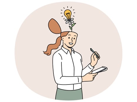 Business woman with flower growing from head and light bulb, metaphor for having creative ideas vector