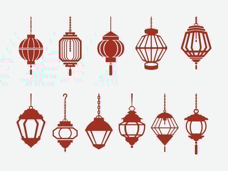Ramadan Lantern Silhouette Set. Hanging Islamic Lantern Collection. Decorative Eid Lantern Elements. Lanterns. vector