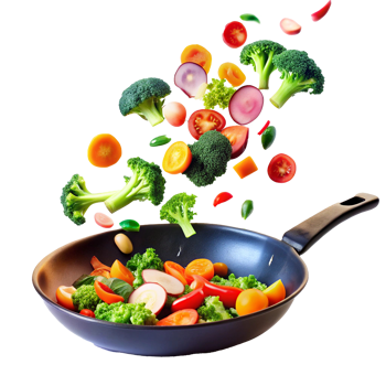 A vibrant mix of fresh vegetables being tossed into a hot pan for a delicious and healthy meal preparation png
