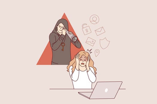 Cyber stalker follows woman using laptop, clutching head due to theft of confidential information vector