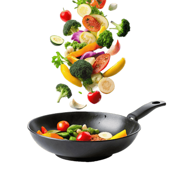 Vibrant Vegetables Falling into a Black Wok Pan for a Delicious and Healthy Meal png
