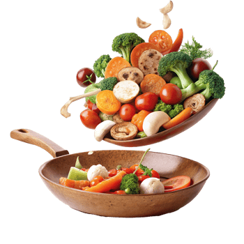 A vibrant mix of fresh vegetables being tossed into a wooden skillet for a healthy and delicious meal preparation png