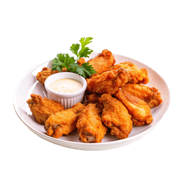 Delicious Crispy Fried Chicken Wings with Creamy Dipping Sauce and Fresh Parsley Garnish png