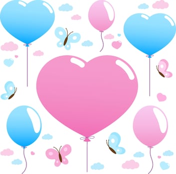 Pink and blue heart shaped balloons and butterflies flying in the sky. Baby announcement, baby shower and birthday party decorations. vector