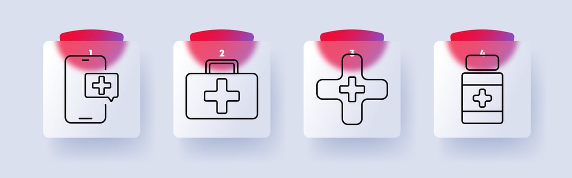 Medical set icon. Mobile health, first aid kit, medical cross, medicine bottle, emergency, hospital, healthcare, treatment, online consultation, pharmacy. vector