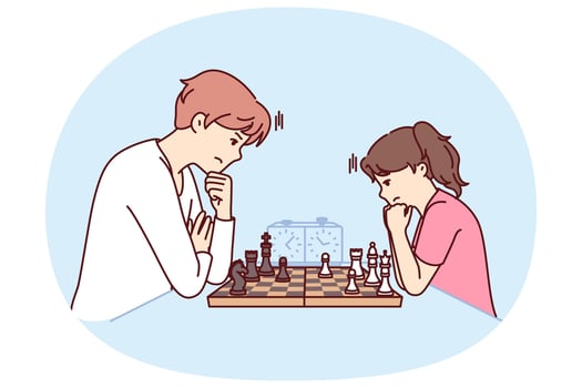 Game of chess between man and teenage girl during training of professional grandmaster vector