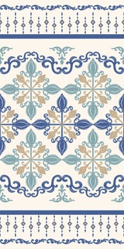 Exquisite Taste Luxury Scroll Ornament Border Pattern with Gold Silk and Shades of Blue Ombre Embroidery Hand Draw Geometric Decoration. Rich Border Light Cool Design Haute Couture Fashion Fabric Rim vector