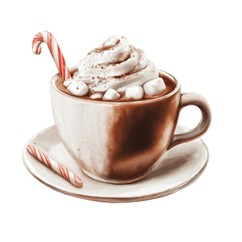 A cup of hot chocolate with whipped cream and a red and white cane png