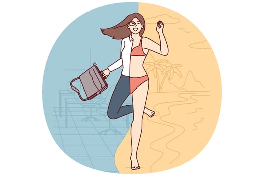 Girl dressed in bikini and office clothes at same time for concept leaving for long-awaited vacation vector