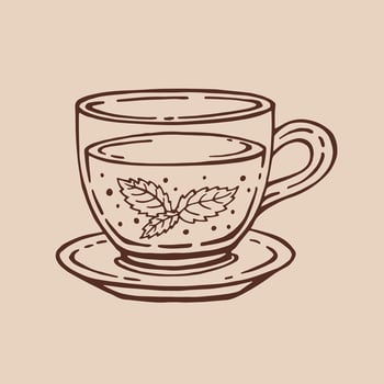 Cup of tea, healthy green tea, mint leaves. Hand drawn illustration in outline style. vector