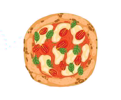 Pizza with tomatoes, basil and mozzarella drawn in flat style. Italy, cuisine, food. Hand drawn illustration. vector