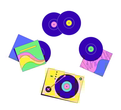 Turntable, vinyl records and album covers cartoon flat illustration. Vintage sound. Lp recordplayer. Analog music retro 2D composition isolated on white background. colorful image vector