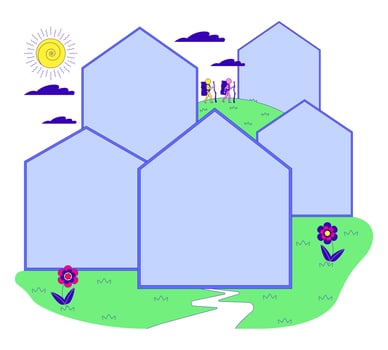 Whimsical landscape with blank houses frames and hikers 2D illustration concept. Village town. Homes neighbourhood cartoon composition isolated on white. Metaphor abstract flat graphic vector