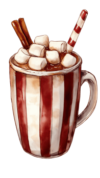 A cup of hot chocolate with marshmallows and a red and white striped handle png